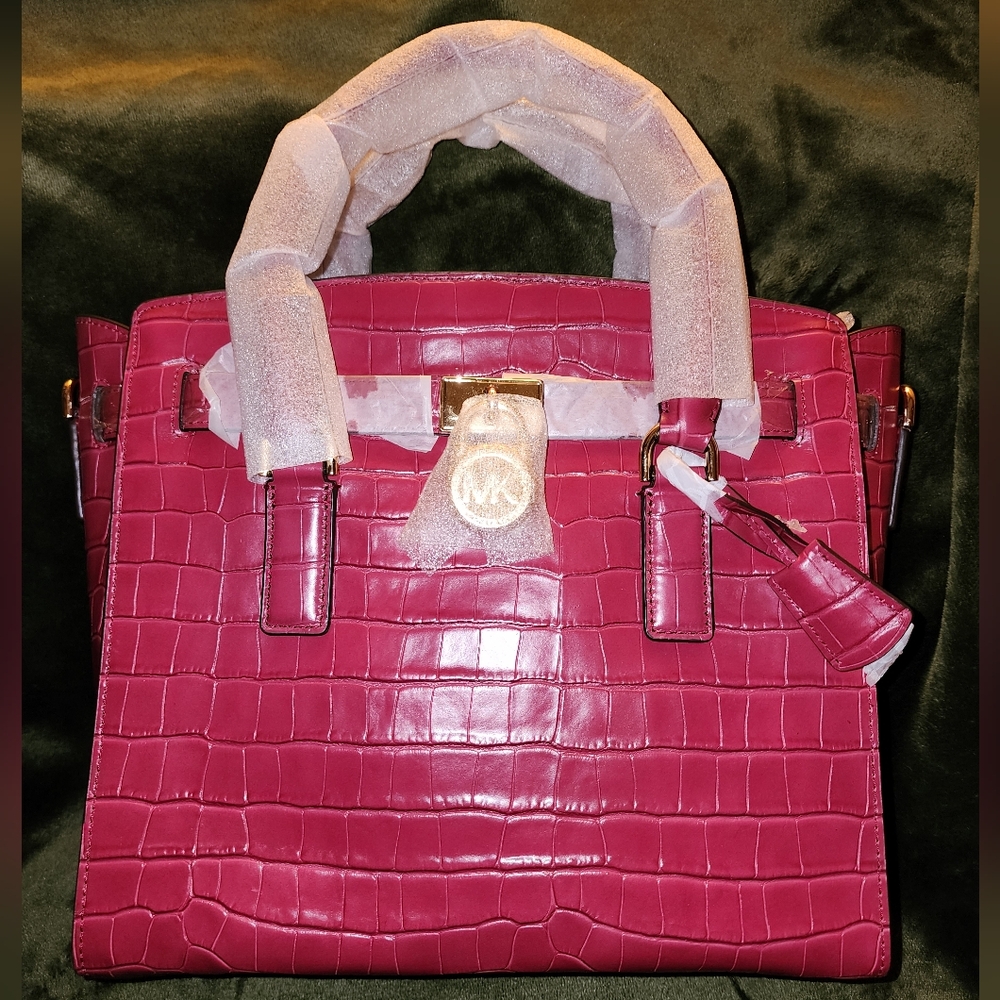 MICHAEL KORS Hamilton Large Mulberry Embossed Leather Satchel Tote NWT